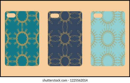 Phone case mockup. Memphis pattern background. Gradients geometric shape style. Smartphone cases set. Vector illustration