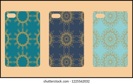 Phone case mockup. Memphis pattern background. Gradients geometric shape style. Smartphone cases set. Vector illustration