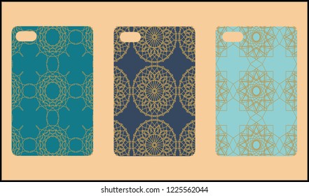 Phone case mockup. Memphis pattern background. Gradients geometric shape style. Smartphone cases set. Vector illustration