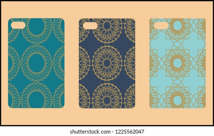 Phone case mockup. Memphis pattern background. Gradients geometric shape style. Smartphone cases set. Vector illustration