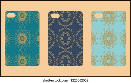 Phone case mockup. Memphis pattern background. Gradients geometric shape style. Smartphone cases set. Vector illustration