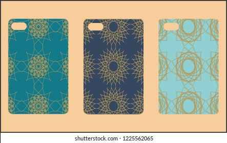 Phone case mockup. Memphis pattern background. Gradients geometric shape style. Smartphone cases set. Vector illustration