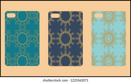 Phone case mockup. Memphis pattern background. Gradients geometric shape style. Smartphone cases set. Vector illustration