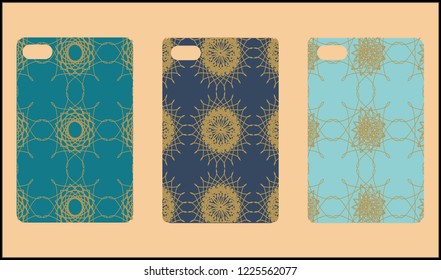 Phone case mockup. Memphis pattern background. Gradients geometric shape style. Smartphone cases set. Vector illustration