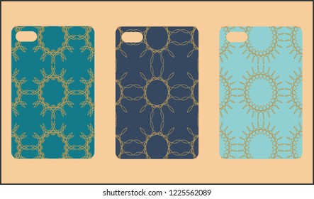 Phone case mockup. Memphis pattern background. Gradients geometric shape style. Smartphone cases set. Vector illustration