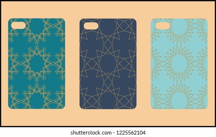 Phone case mockup. Memphis pattern background. Gradients geometric shape style. Smartphone cases set. Vector illustration