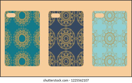 Phone case mockup. Memphis pattern background. Gradients geometric shape style. Smartphone cases set. Vector illustration