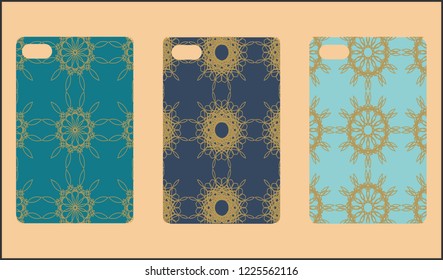 Phone case mockup. Memphis pattern background. Gradients geometric shape style. Smartphone cases set. Vector illustration