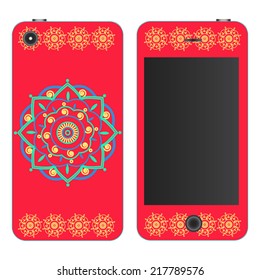 Phone case. Oriental motifs on a red background, vector illustration