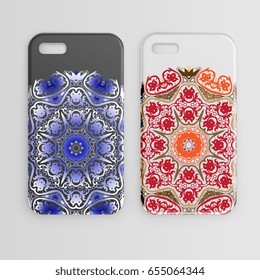 Phone case with ornament. Set. Decorative ornament elements