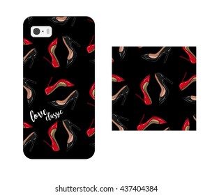 phone case with print of shoes on black background
