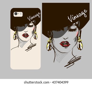 phone case with print of vintage style fashion illustration  on white  background