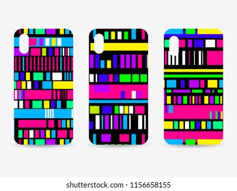 Phone case set. Glitch pattern background. Signal error, pixel mosaic. Vector illustration