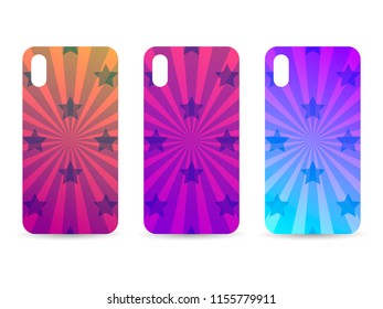 Phone case set with gradient backgrounds. Rays and stars. Blurred shades. Vector illustration