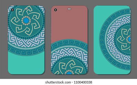 Phone case set with Greek circular ornament. Vintage decorative elements. Vector illustration.