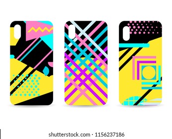 Phone case set. Memphis pattern background. Geometric elements memphis in the style of 80s. Vector illustration