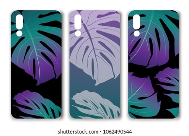 Phone case template vector illustration.Botanical leaves twilight gradient color.
