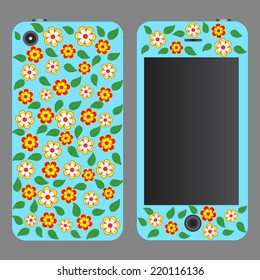 Phone cases. flowers and leaves on a blue background, vector illustration