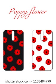 Phone cases with red poppies flowers on white and black background. Mobile cover floral illustration design, vector eps 10