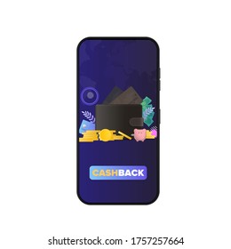 Phone with cashback application. Brown wallet with credit cards and gold coins. Men's wallet with bank cards. The concept of savings and accumulation of money.