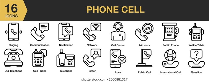 Conjunto de iconos de teléfono celular. Incluye notificación, llamada pública, red, timbre, centro de llamadas y más. Colección de Vector de iconos de contorno.