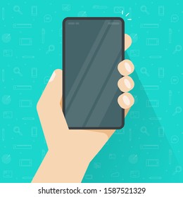 Phone or cellphone in hand with empty screen or person holding mobile smartphone with blank display vector illustration, flat cartoon telephone mockup or template modern design
