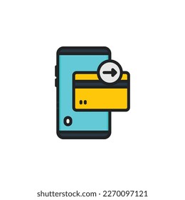 Phone, cellphone smartphone with cradit card filled outline icons. Vector illustration. Isolated icon suitable for web, infographics, interface and apps.