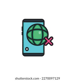 Teléfono, smartphone de teléfono móvil con globo, web, conexión a Internet e iconos de contorno cruzados. Ilustración vectorial. Icono aislado adecuado para web, infografías, interfaz y aplicaciones.