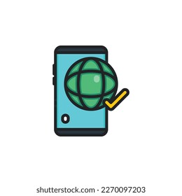 Telefon, Handy Smartphone mit Globus, Web, Internet verbunden und markieren gefüllte Umrisssymbole. Vektorgrafik. Einzeln Symbol geeignet für Web, Infografiken, Interface und Apps.