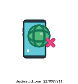 Phone, cellphone smartphone with globe, web, internet connected and cross flat icons. Vector illustration. Isolated icon suitable for web, infographics, interface and apps.