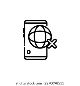 Teléfono, smartphone de teléfono móvil con globo, web, conexión a Internet e iconos de contorno cruzado. Ilustración vectorial. Icono aislado adecuado para web, infografías, interfaz y aplicaciones.