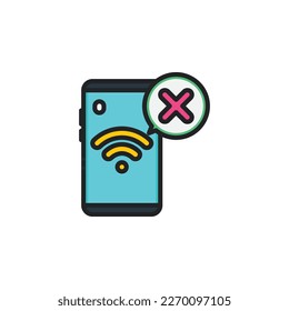 Phone, cellphone smartphone with wifi and cross filled outline icons. Vector illustration. Isolated icon suitable for web, infographics, interface and apps.