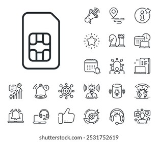 Sinal de telefone celular. Posicione os ícones de localização, tecnologia e contorno de alto-falante inteligente. Ícone da linha do cartão Sim. Símbolo de acessórios móveis. Sinal de linha do cartão Sim. Influenciador, ícone do embaixador da marca. Vetor