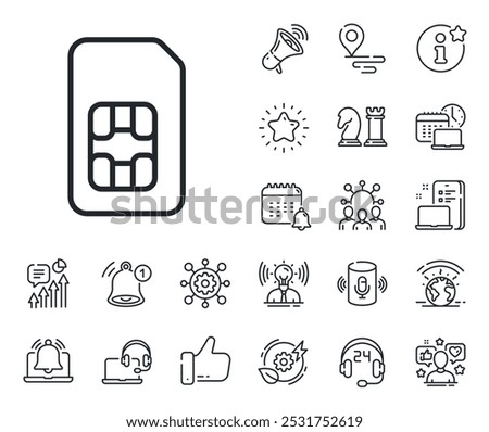 Phone cellular data sign. Place location, technology and smart speaker outline icons. Sim card line icon. Mobile accessories symbol. Sim card line sign. Influencer, brand ambassador icon. Vector