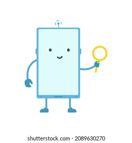Phone character. Find with magnifier. Vector illustration.