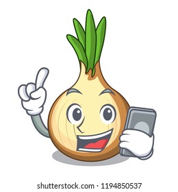 With phone character fresh yellow onion on table