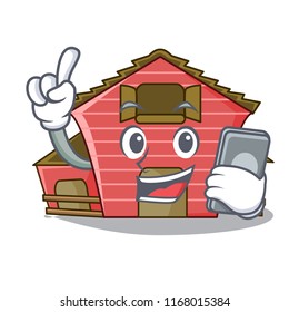 With phone character red barn building with haystack
