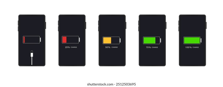 Phone charge level set icons. Flat and linear style. Vector icons.