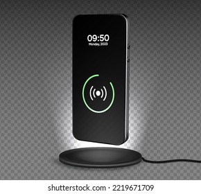 Phone charge. Mobile cell phone charge battery from wireless smart charger. Modern technology, portable fast charger.