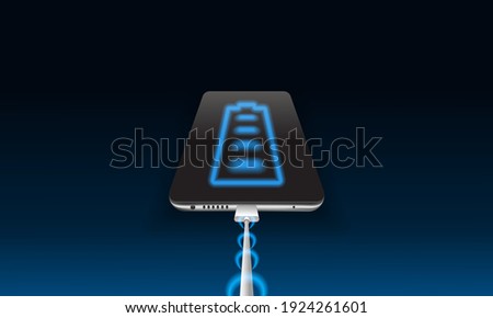 Phone is charged with energy through the white cable. Battery sign on telephone screen. Smartphone on black background. Realistic 3d vector