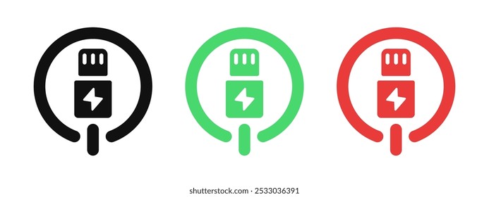 Icono del cable del cargador del teléfono. Estado de energía. Símbolo del alambre de carga del rayo. Señal de enchufe de dispositivo eléctrico. Ilustración vectorial de cable de alimentación del cargador de teléfono rojo y verde aislada.