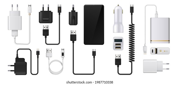 Phone charger. Realistic smartphone power supply. 3D USB cables and electric plugs. Auto adaptors for charging devices. Power cords. Vector digital equipment for accumulator refuels