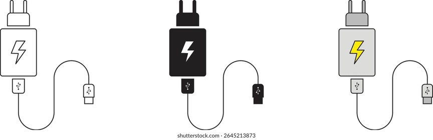 Carregador de telefone e sinal de cabo USB e símbolo para a estação de carregamento. Carregador, ícone do cabo. Ilustração vetorial