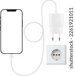 Phone charger. White. Isolated background. Socket and phone charger. Vector