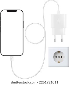Phone charger. White. Isolated background. Socket and phone charger. Vector