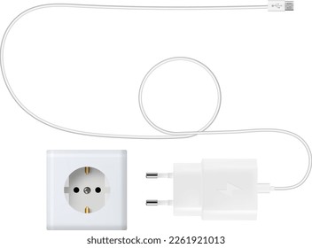 Phone charger. White. Isolated background. Socket and phone charger. Vector