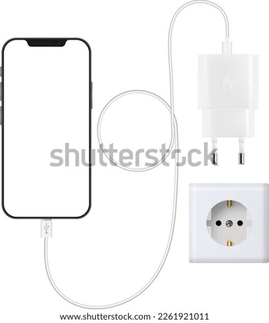 Phone charger. White. Isolated background. Socket and phone charger. Vector Foto stock © 