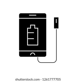 Phone charging black vector concept icon. Phone charging flat illustration, sign