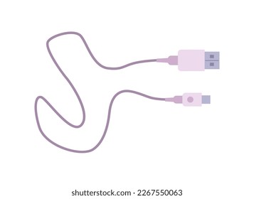 Cable de carga de teléfono, ilustración de vector plano de dibujos animados aislados en fondo blanco. Teléfono inteligente conectando cable. Concepto de accesorios de teléfono móvil. Conectores USB y tipo C.