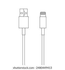 Cable de carga del teléfono, cables con puertos Lightning y USB-A, contorno de Imagen de Vector. 